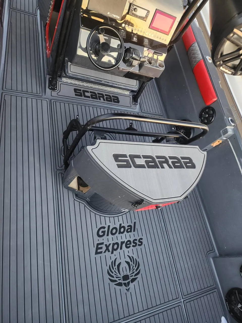 Scarab boat deck with custom engraved logo